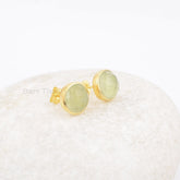 Lovely Earrings - Green Prehnite Earrings - Gemstone Stud Earrings - Gold Plated - 925 Silver Earring - 9mm Round Stud - Earring for Womens